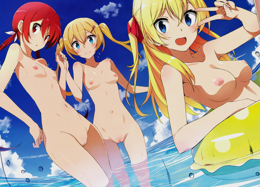 3girls :d absurdres areolae blonde_hair blue_eyes bow breasts cleavage collarbone dutch_angle flying_sweatdrops hair_ornament hairbow hairclip highres innertube joukamachi_no_dandelion kasuga_ayumu_(haruhipo) long_hair low_twintails multiple_girls navel nipples nude nude_filter ocean open_mouth polka_dot polka_dot_background pussy red_eyes red_hair sakurada_akane sakurada_hikari satou_hana small_breasts smile tied_hair twintails uncensored v v_over_eye wading water