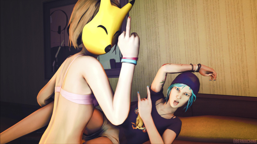 3d bra chloe_price female fox_mask keaton_mask life_is_strange majora&#039;s_mask mask max_caulfield multiple_girls source_filmmaker the_legend_of_zelda yuri