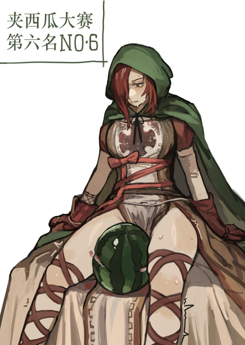 auburn_hair cloak dark_souls dark_souls_2 emerald_herald female female_only fromsoftware fully_clothed hair_over_one_eye hood hood_up miaojiangyou red_body sitting solo sweat thigh_strap thighs watermelon watermelon_crushing