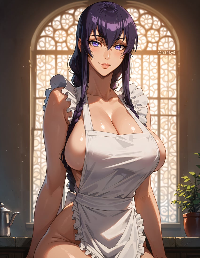 ai_generated cleavage fr34ky highschool_of_the_dead huge_breasts naked_apron saeko_busujima sideboob