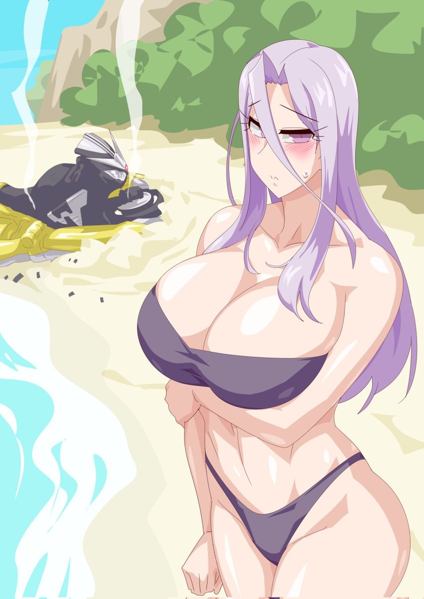 beach big_boobs big_breast big_breasts bikini blush blushing bowtie embarrassed fuuto_pi kamen_rider kamen_rider_w large_breast large_breasts otokam1117 purple_eyes purple_hair swimsuit swimwear tokime