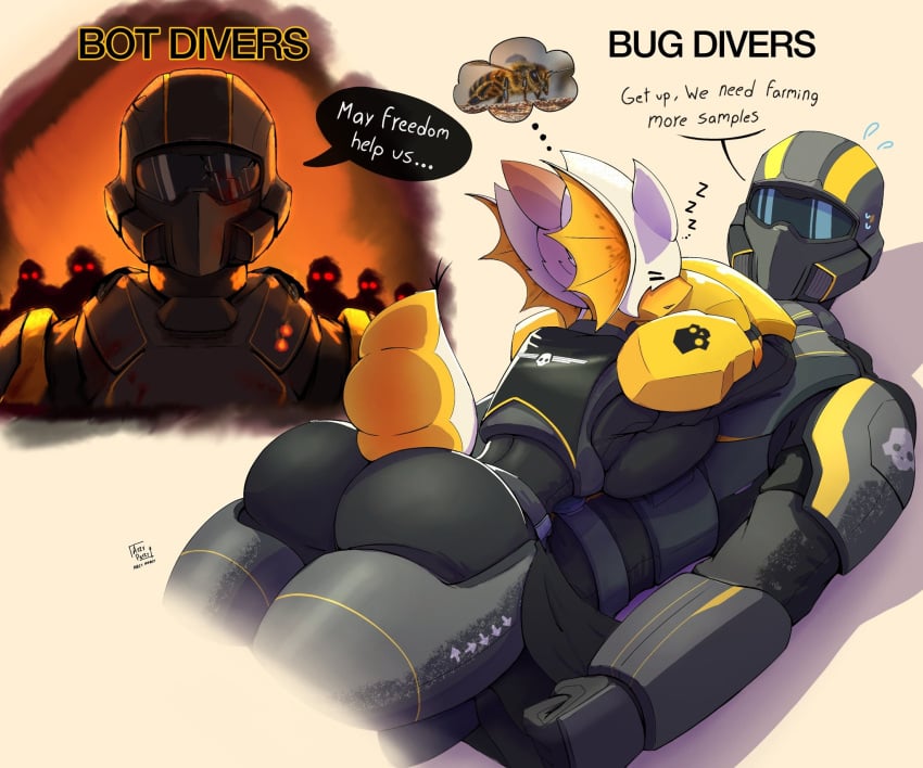 1boy1girl 2020s 2024 2d 2d_(artwork) anthro anthro_female armor armored_female arzyparzy ass big_ass big_breasts breast_squish breasts bug bug_girl cute dat_ass dialogue english english_text fully_clothed helldiver_(helldivers) helldivers_2 hi_res highres hunter_(helldivers) insect_girl large_ass laying_on_stomach male monster_girl round_ass sleeping sleeping_together terminid thick_thighs thighs wholesome worried