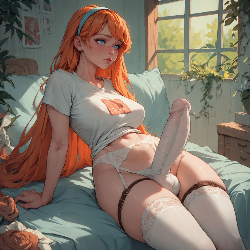 ai_generated futanari huge_cock orange_hair panty_bulge shennru tagme veiny_penis