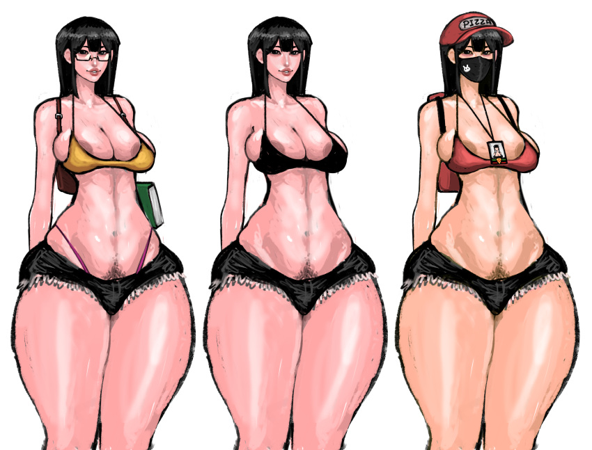 3girls asian_female bag big_breasts cap casual girlfriend glasses mask original_character pizza_delivery plumperpass schoolgirl shorts skimpy_clothes thick_thighs