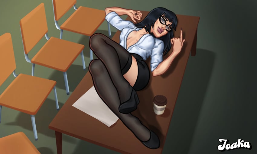 1girls 2d 2d_(artwork) alternate_version_available black_hair breasts cleavage digital_drawing_(artwork) digital_media_(artwork) female female_focus female_only glasses jane_(summertime_saga) joakadraws laying_down laying_on_back legwear light-skinned_female light_skin looking_at_viewer medium_breasts middle_finger on_back on_desk on_table open_shirt pose posing presenting see-through see-through_stockings shirt skirt smile smiling solo solo_focus summertime_saga watermark