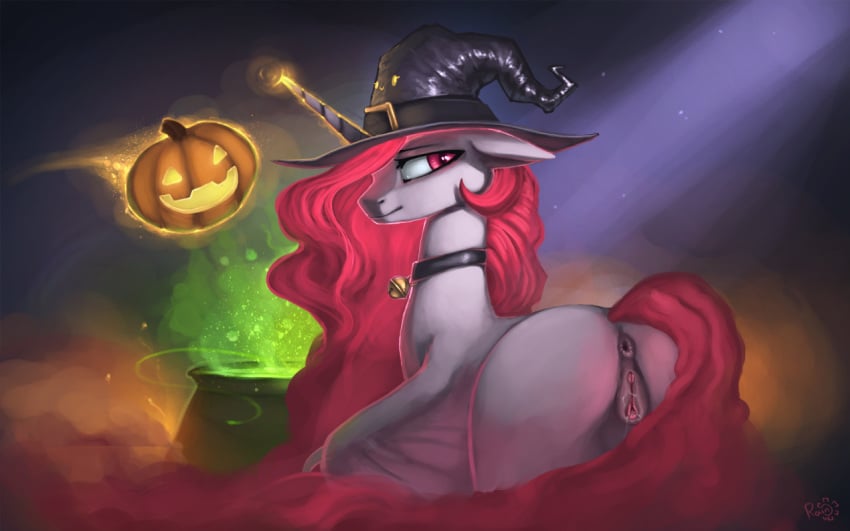 2015 alicorn anus ass bell_collar cauldron collar equine female friendship_is_magic furry furry_only glowing hair halloween hat holidays horn levitation long_hair magic mammal my_little_pony non-anthro princess_celestia princess_celestia_(mlp) pumpkin pussy pussy_juice rain-gear solo wings wizard_hat