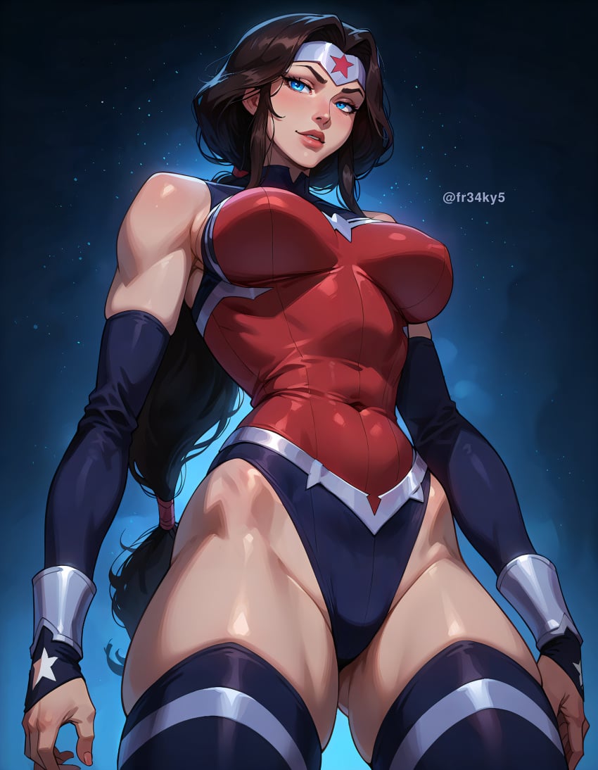 ai_generated athletic athletic_female brunette brunette_hair dc_comics fr34ky from_below perky_breasts superheroine thigh_boots wonder_woman