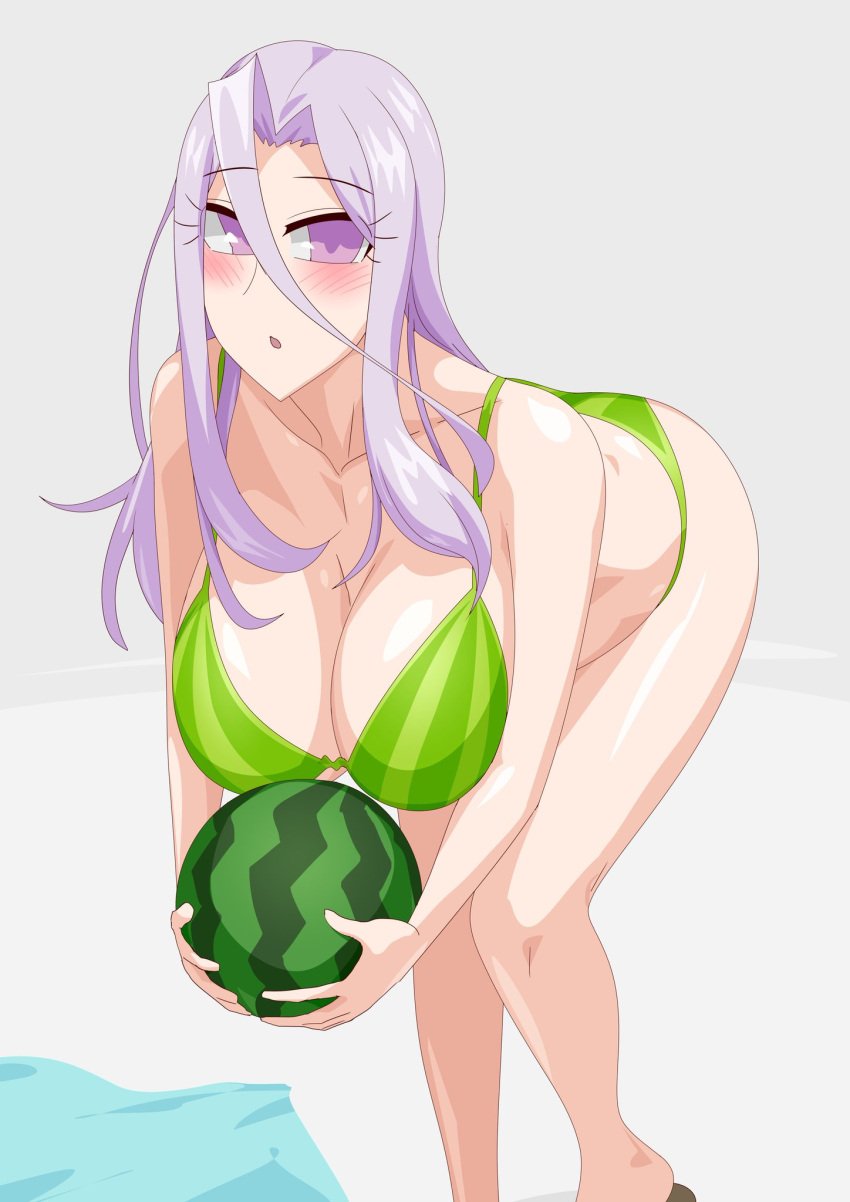 big_boobs big_breast big_breasts bikini blush blushing bowtie embarrassed fuuto_pi green_bikini green_swimsuit green_swimwear kamen_rider kamen_rider_w large_breast large_breasts otokam1117 purple_eyes purple_hair swimsuit swimwear tokime watermelon watermelon_bikini watermelon_bra