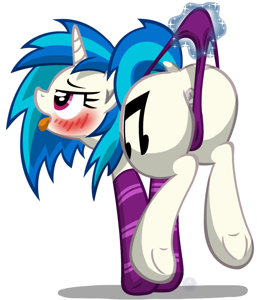 2015 anus ass blue_hair blush clothing cutie_mark equine female friendship_is_magic furry furry_only hair horn mammal multicolored_hair my_little_pony non-anthro open_mouth panties pussy pussy_floss simple_background solo straight_hair tail_dock template93 tongue tongue_out two_tone_hair underhoof underwear unicorn vinyl_scratch_(mlp) white_background