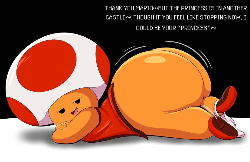 1boy alternate_version_available ass big_ass big_booty_toad big_butt black_eyes bottomless fat_ass fat_butt huge_ass huge_butt laying_down laying_on_stomach looking_back male male_only mario mario_(series) mentioned_character nes nintendo offscreen_character solo super_mario_bros super_mario_bros. super_mario_bros._(nes) tepigfan101 text thicc_toad thick_ass thick_butt toad_(mario) toads_(tepigfan101) underwear