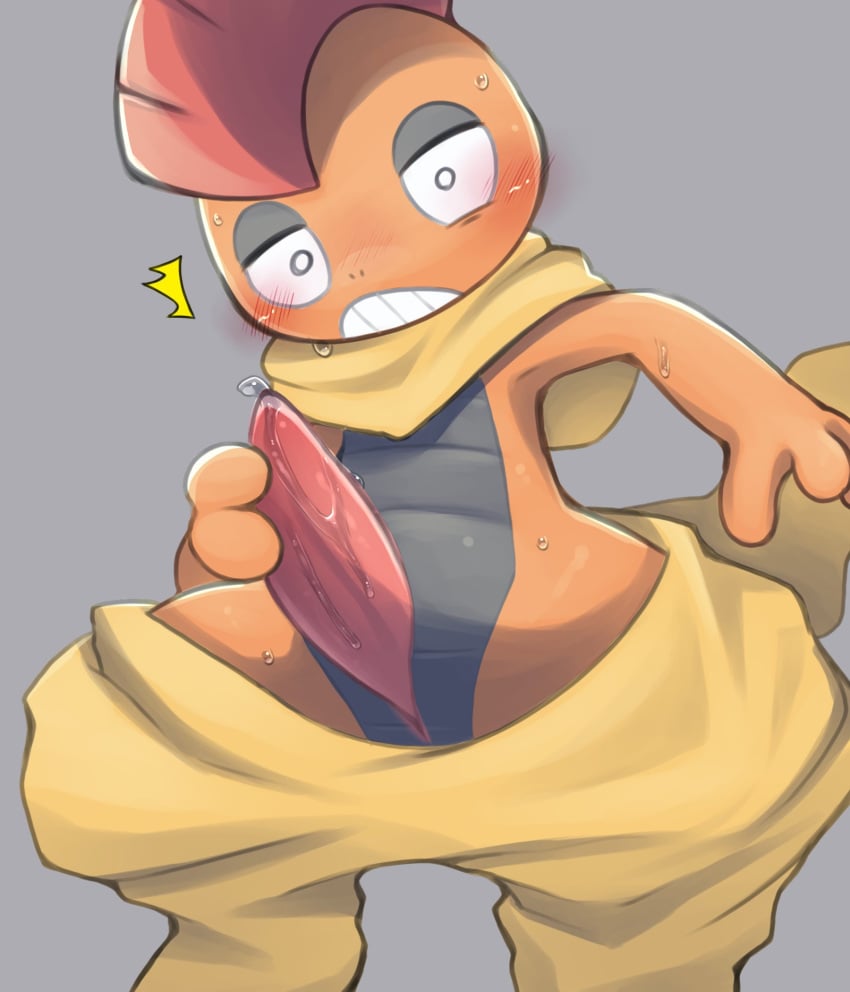 anthro blush bodily_fluids bottomwear bottomwear_down clothed clothing erection generation_5_pokemon genital_fluids genital_slit genitals hi_res male masturbation mohawk nintendo orange_body pants pants_down partially_clothed penis pokemon pokemon_(species) precum scrafty solo tapering_penis what wisdomdanae