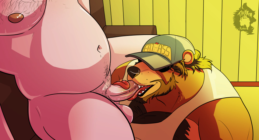 absurd_res age_difference ambiguous_species anthro barry_bear_(thekbear) bear beard body_hair chest_hair facial_hair fellatio hat_over_eyes hi_res james_thomas_(thekbear) male male/male male_anthro mammal nipples older_male oral penile pubes sex thekinkybear tongue tongue_out tongue_out_blowjob