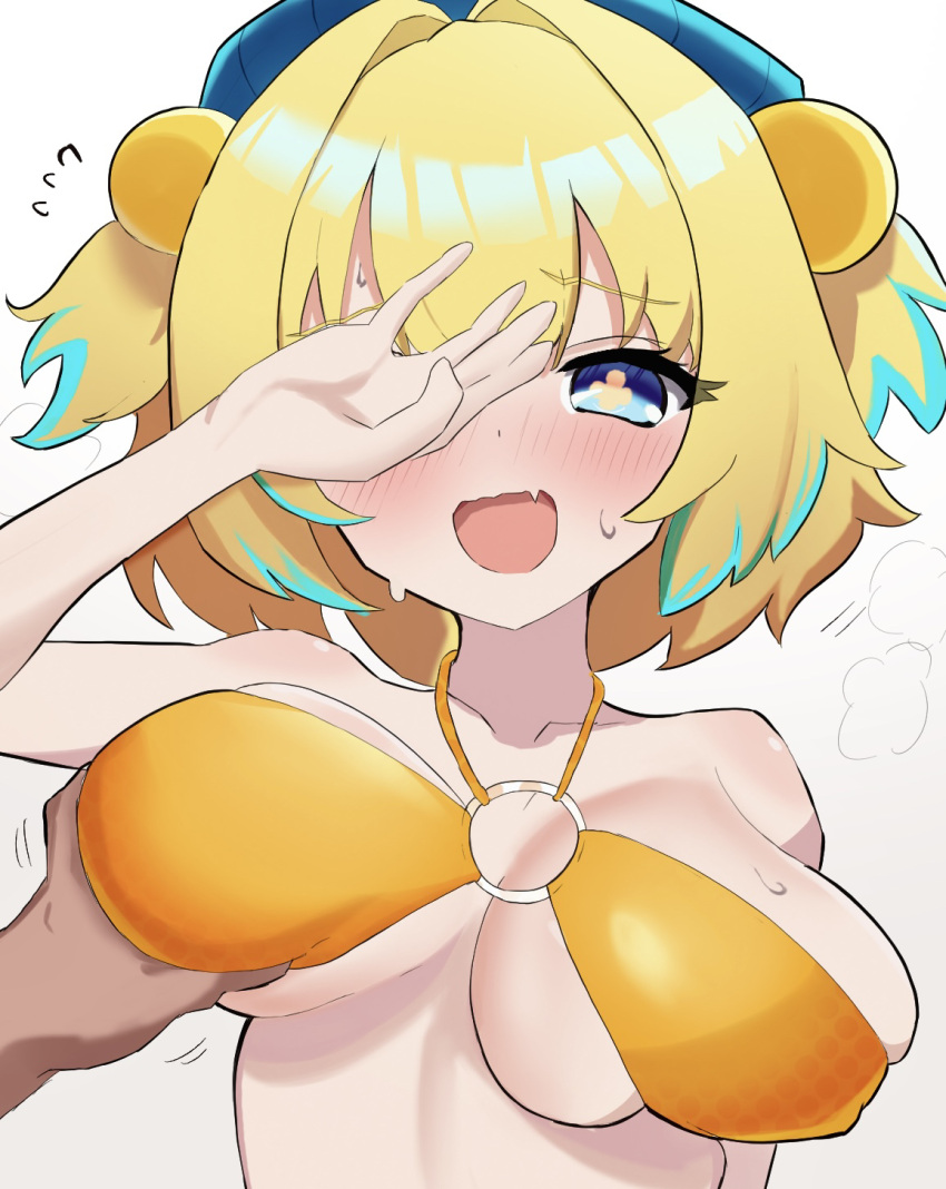 +_+ 1boy 1girls :d aqua_eyes bikini bikini_top blonde_hair blush bombergirl breast_grab breasts covered_eyes covering_eye covering_one_eye cute_fang dark_skin embarrassed female female_focus female_only hair_ornament hi_res large_breasts light-skinned_female light_skin looking_at_viewer nervous nervous_smile oerba_yun_fang pine_(bombergirl) pixiv pov pov_male short_hair shortstack skin_fang skindentation smile smiling sweat swimsuit swimwear two_tone_hair upper_body yellow_pupils