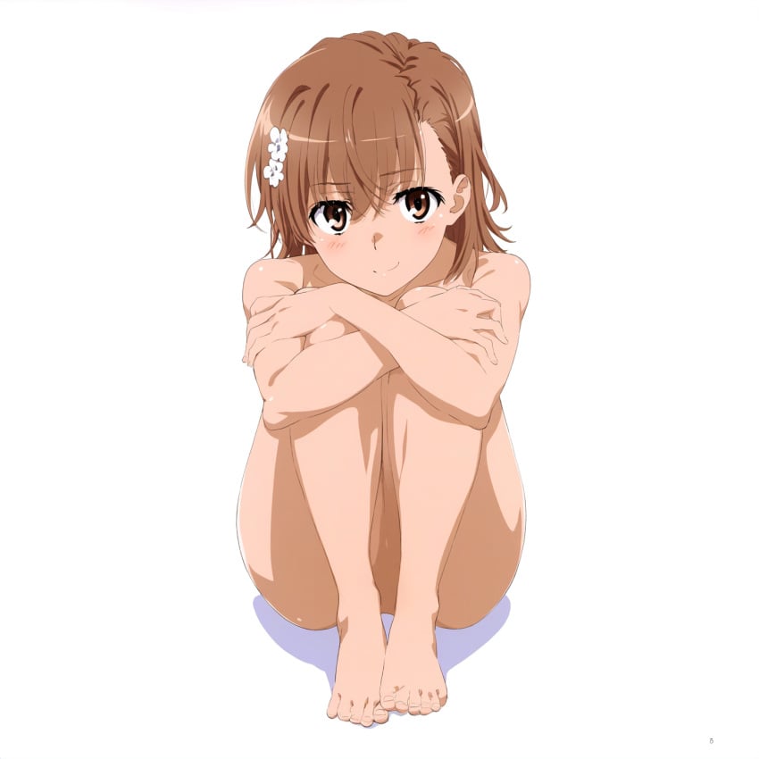 1girls 2020s 2024 ai_generated bare_legs bare_shoulders barefoot brown_eyes brown_hair collarbone completely_nude completely_nude_female female hair_flower hair_ornament knees_on_chest looking_at_viewer matching_hair/eyes misaka_mikoto nude nude_female short_hair sitting smile solo teenage_girl teenager to_aru_kagaku_no_railgun to_aru_majutsu_no_index toes white_background young