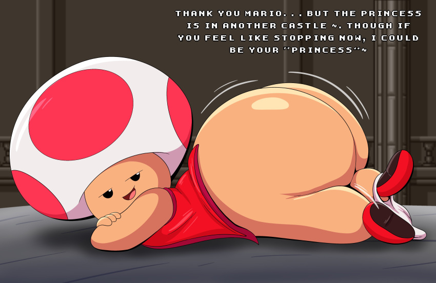 1boy ass big_ass big_butt black_eyes bottomless butt fat_ass fat_butt huge_ass huge_butt laying_down laying_on_stomach looking_back male male_only mario mario_(series) mentioned_character nintendo offscreen_character snes solo super_mario_bros. tepigfan101 text thick_ass thick_butt toad_(mario) underwear