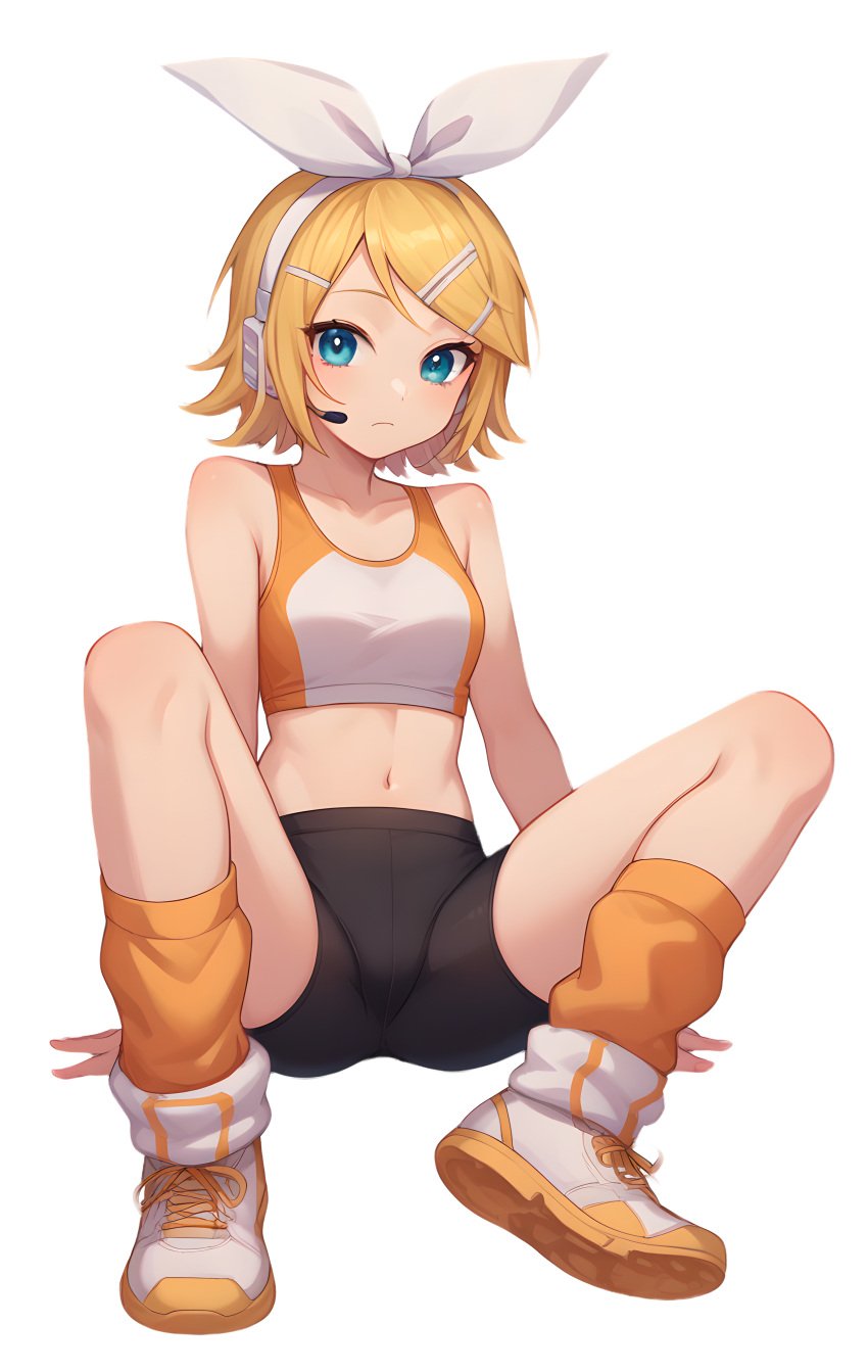 ai_generated bare_shoulders bare_thighs bike_shorts black_shorts blonde_hair blue_eyes full_body fully_clothed hair_ornament hairbow headphones headset kagamine_rin leaning_back leg_warmers lewdnessgod midriff orange_legwear orange_socks self_upload short_hair short_shorts shorts socks sports_bra sports_shorts sports_uniform sportswear spread_legs tight_clothing transparent_background vocaloid