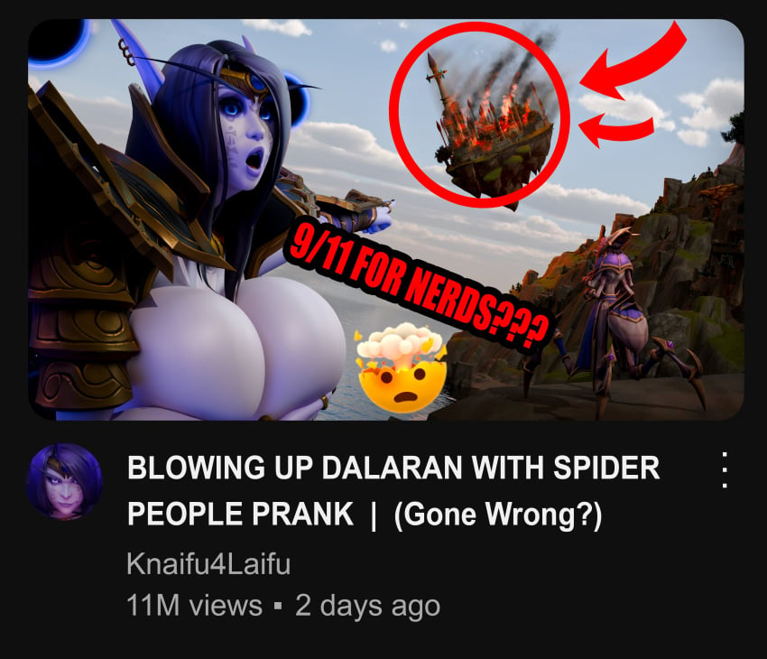 1girls 3d 9/11 breast_grab clickbait covering_breasts female female_only giantess gigantic_breasts huge_breasts looking_at_viewer solo solo_female topless vanasmut void_elf world_of_warcraft xal'atath youtube youtube_thumbnail