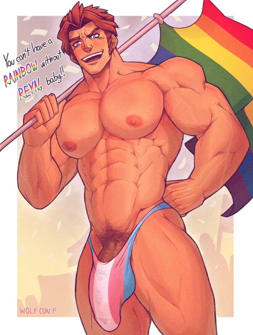 bara bulge bulge_through_clothing flaccid gay male male_only pride_colors pride_month reyn_(xenoblade) solo solo_male thong trans_flag underwear wolf_con_f xenoblade_(series)