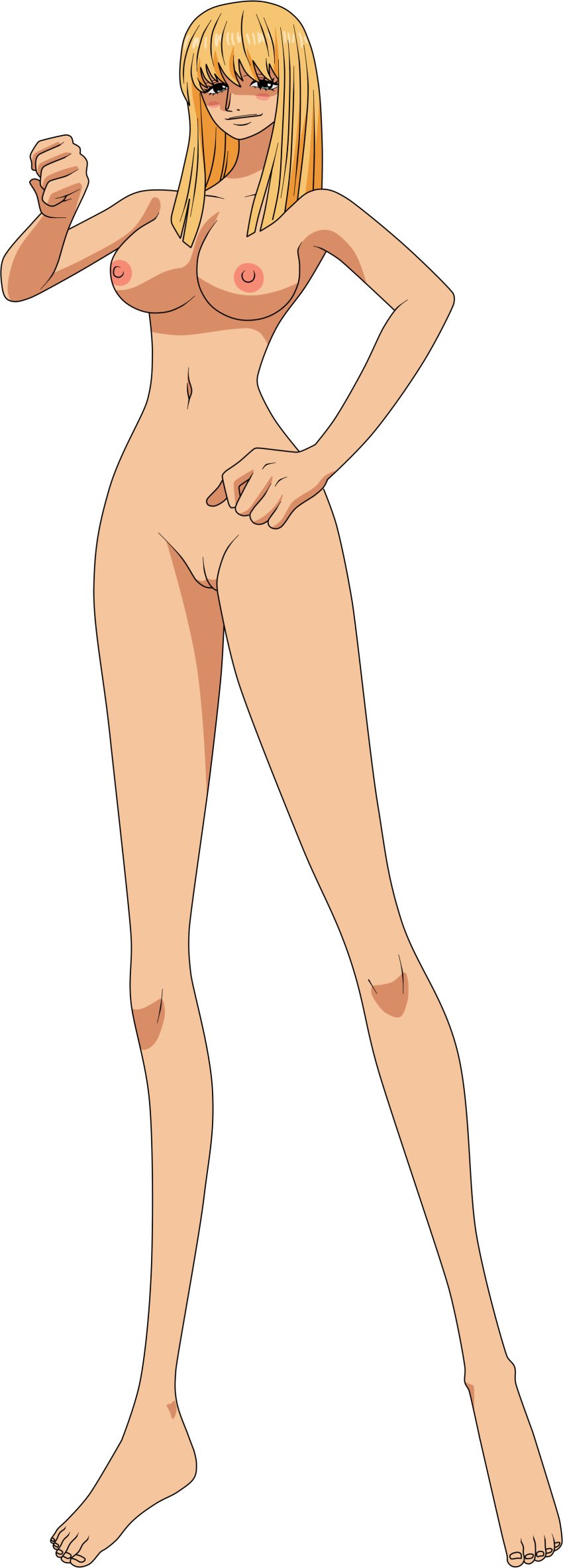 blonde_hair_female blue_eyes blush_stickers female female_only fist hairless_pussy hand_on_hip kujaku_(one_piece) lionprideart nude nude_female one_piece transparent_background