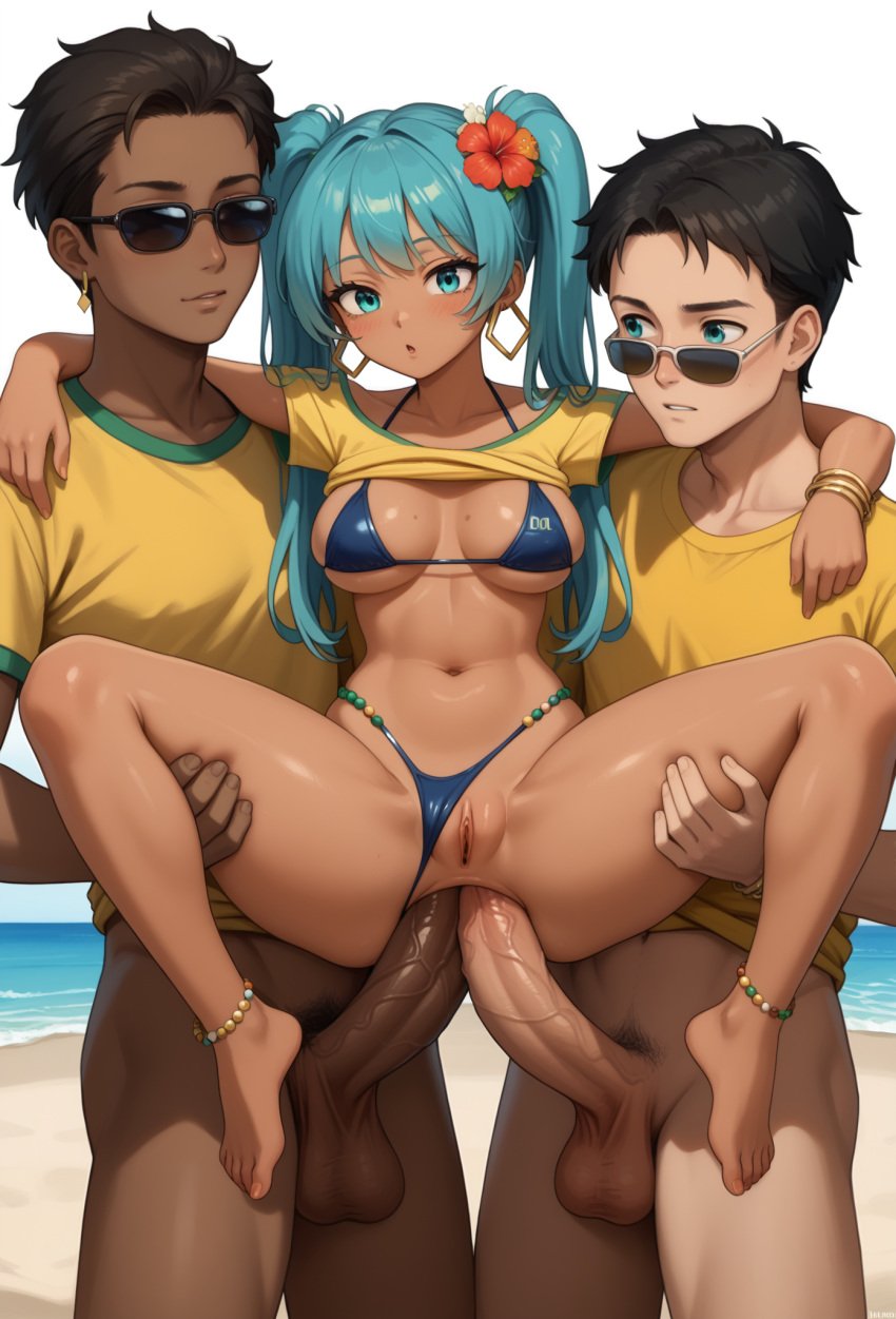 1girls 2boys 2boys1girl ai_generated anal anal_sex aqua_eyes aqua_hair balls beach beach_sex bikini bikini_aside bikini_bottom_aside blush bracelets brazil brazilian brazilian_female brazilian_miku breasts carrying carrying_partner chocolate_and_vanilla_double_penetration cyan_eyes cyan_hair dark-skinned_female dark-skinned_male dark_skin double_anal double_penetration earrings feet female flower_in_hair full_body hair_flower hatsune_miku hibiscus huge_cock interracial large_penis latin_american_hatsune_miku_(meme) legs_held_open lifting_person light-skinned_male light_skin looking_at_viewer lube lubed_penis male_pubic_hair mmf_threesome outdoor_sex outdoors penis penis_in_ass pubic_hair pussy reverse_suspended_congress sea seaside self_upload sex shirt_up spread_legs stable_diffusion stand_and_carry_position standing standing_sex sunglasses suspended_double_penetration tan-skinned_female tan_skin threesome twintails underboob veiny_penis vocaloid