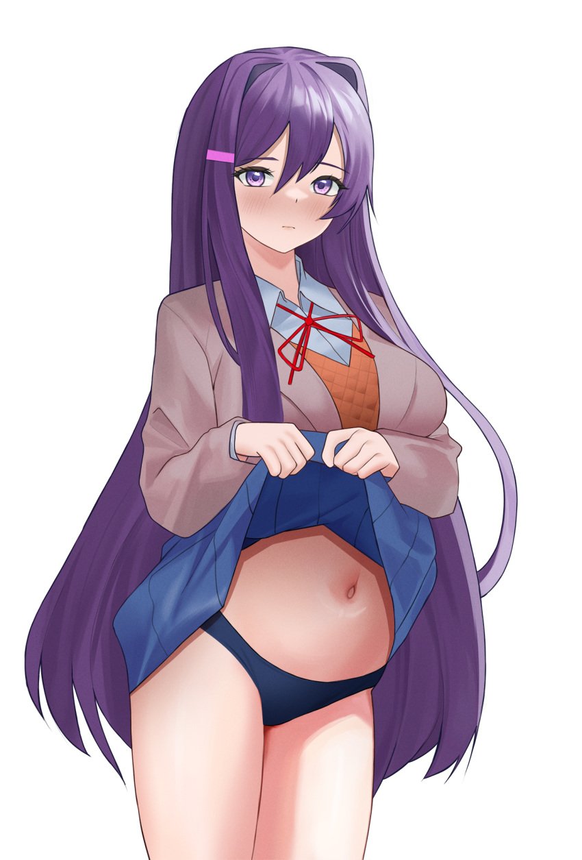 1female 1girls aris4rt blue_skirt breasts doki_doki_literature_club exposed_panties female_focus lifted_by_self lifted_skirt lifting lifting_own_skirt lifting_skirt long_hair panties purple_eyes purple_hair skirt skirt_lift skirt_lifted_by_self yuri_(doki_doki_literature_club)