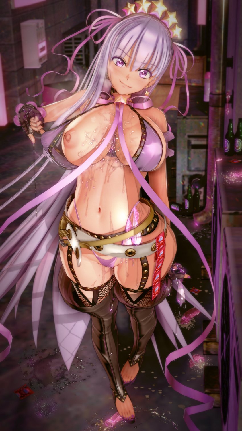 1girls 3d absurdres after_sex alley barefoot bb_(fate) bb_(fate/extra) bb_(swimsuit_mooncancer)_(fate) belt bikini choker condom_belt condom_thigh_strap condom_wrapper condoms fate/grand_order fate_(series) female fingerless_gloves fishnets g-string garter_straps gloves highres kuriya_torukuya_(@9hj6u) looking_at_viewer lube nipples one_breast_out outdoors pink_condoms public_use purple_eyes purple_hair ribbon seductive_smile smile smug solo steam steaming_body stray_pubic_hair sweat sweatdrop swimsuit tan-skinned_female tan_skin thighhighs thong used_condoms