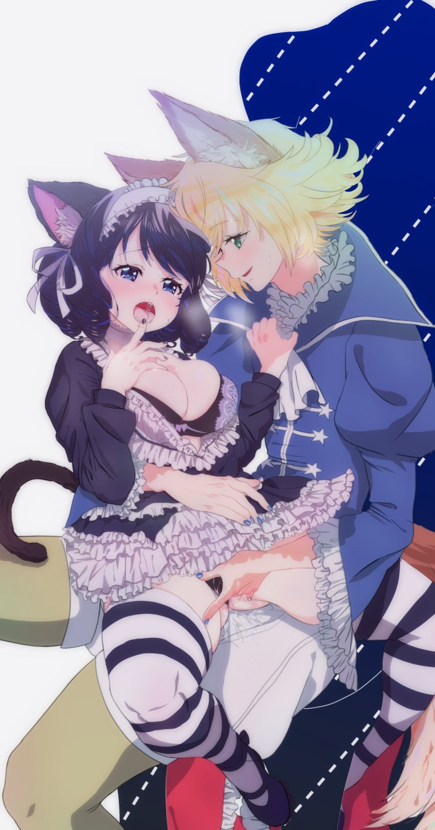 1boy absurdres animal_ears black_hair blonde_hair blue_eyes bra breasts cat_ears cat_tail cyan_(show_by_rock!!) dress dress_lift drill_hair fangs female fingering green_eyes highres large_breasts loveravu808 maid_headdress mary_janes on_lap open_clothes open_dress panties pussy_juice saliva shoes show_by_rock!! shu_zo_(show_by_rock!!) sitting spread_legs straight striped striped_legwear tail underwear