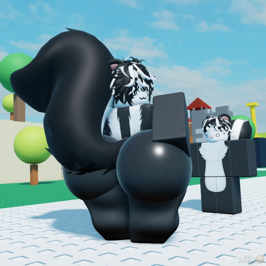 2boys 3d alternate_version_at_source ass ass_focus ass_grab big_ass crossroads_(roblox) furry miljkfarts owo roblox robloxian skunk skunk_tail skunko_(miljkfarts) smug tagme thick_thighs