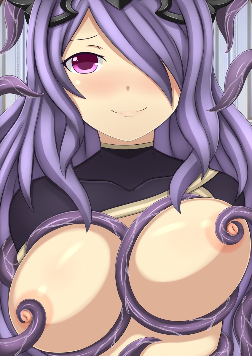 1girls blush breasts breasts_out camilla_(fire_emblem) consensual_tentacles female fire_emblem fire_emblem_fates hair_ornament hair_over_one_eye highres large_breasts long_hair looking_at_viewer navel nipple_tweak nipples purple_eyes purple_hair smile solo tentacle xerw