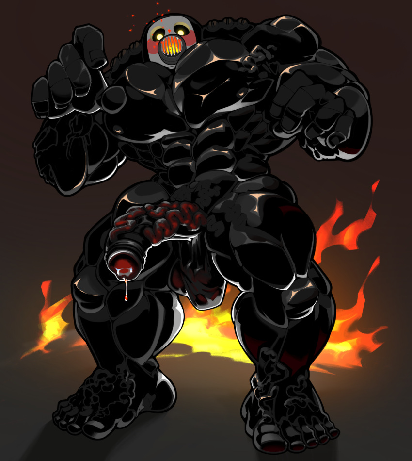 bara black_body dick fire gas_mask gay heat lava_cum muscles muscular muscular_male penis penis_out precum precum_drip rubber_suit