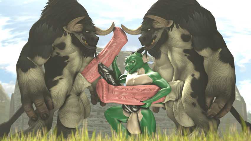 2024 2_horns 3_fingers 3d_(artwork) abs acey_(aceydrgn) aceydrgn animal_genitalia animal_penis anthro anthro_on_anthro balls big_balls big_penis black_body black_fur black_horn black_penis blizzard_entertainment bovid bovine cloud countershade_torso countershading detailed_background digital_media_(artwork) dragon ear_frill equine_genitalia equine_penis fingers frill_(anatomy) fur genitals grass green_body grey_balls grey_body grey_fur grey_sheath group group_sex handjob hi_res horn huge_balls huge_cock hyper hyper_genitalia hyper_penis knot knotted_penis male male/male male_anthro mammal membrane_(anatomy) membranous_frill muscular muscular_anthro muscular_male mythological_creature mythological_scalie mythology nude nude_anthro nude_male outside pecs penile penis penis_size_difference pink_penis plant scalie sex sheath size_difference sky source_filmmaker_(artwork) tail tan_body tan_countershading tauren threesome trio vein veiny_penis warcraft yellow_eyes