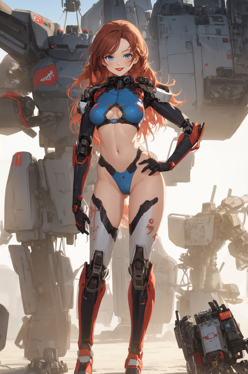 ai_generated breasts female highres lipstick long_hair makeup mecha non-web_source original petite pilot robot smile