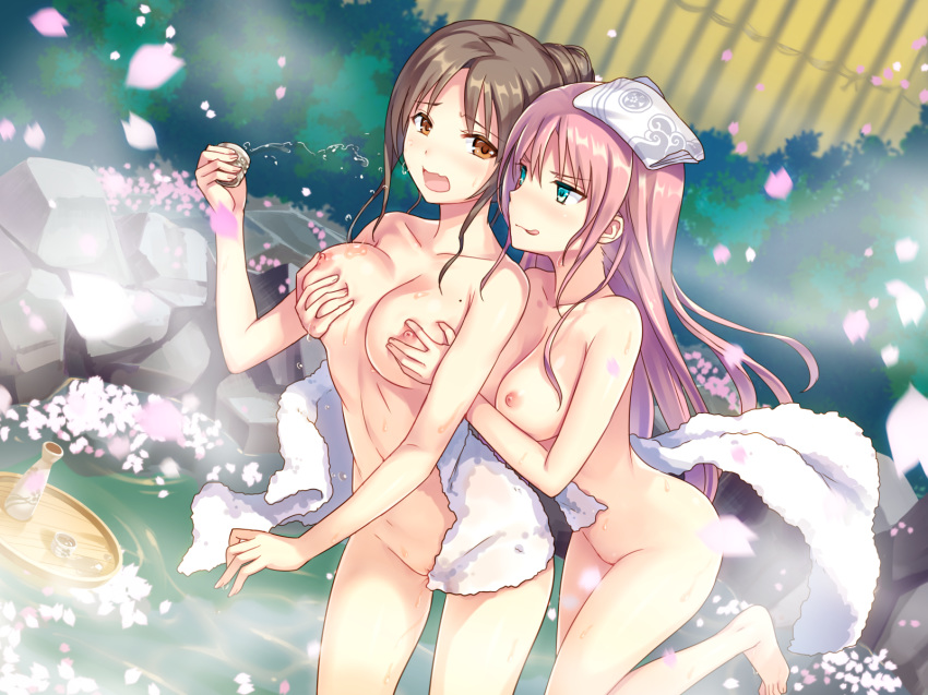 2girls :q alcohol barefoot blue_eyes breast_grab breasts brown_eyes brown_hair bush cherry_blossoms choko_(cup) collarbone drunk embarrassed female female_only highres long_hair multiple_girls navel nipples nude onsen original otosume_ruiko petals pink_hair sake smile tongue tongue_out towel water wet yuri