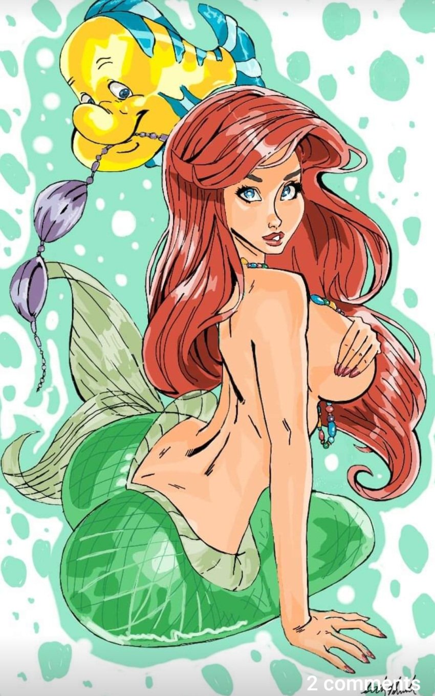 1boy 1girls ariel ariel_(the_little_mermaid) artist_request big_breasts breasts covering covering_breasts flounder long_hair marine marine_humanoid mermaid nude nude_female red_hair seashell seashell_bra the_little_mermaid the_little_mermaid_(1989_film) topless topless_female