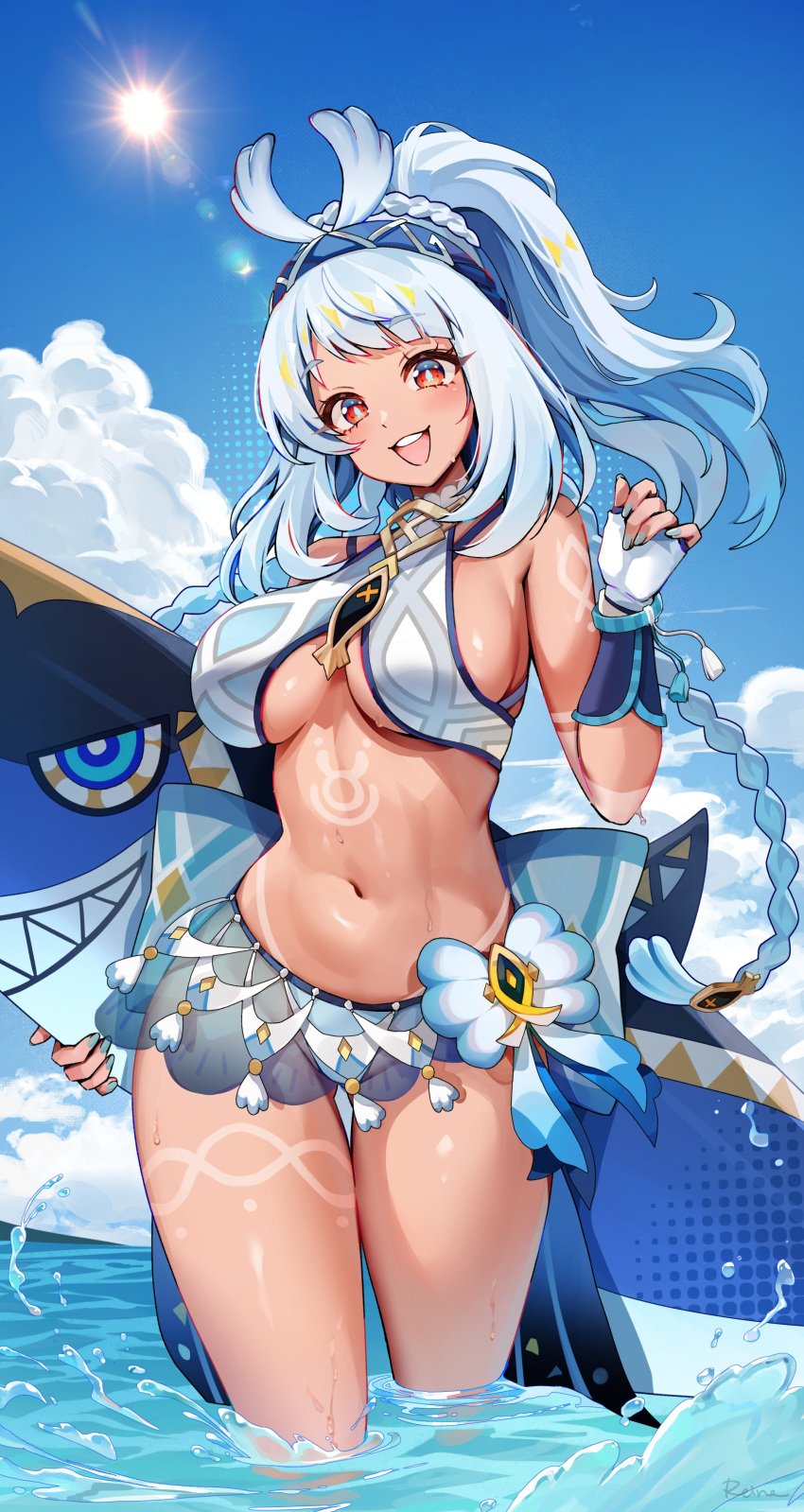 1girls body_markings breasts female foxyrain_(foxyreine) foxyreine genshin_impact hi_res koholasaurus_(species) large_breasts long_hair mualani_(genshin_impact) nah naughty_face tan tan-skinned_female tanned_skin white_hair