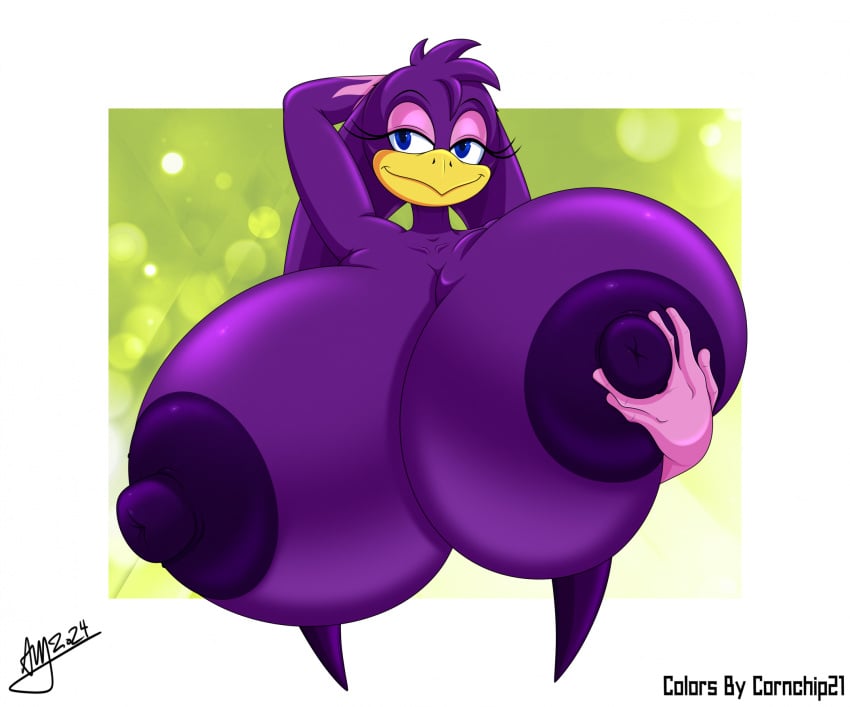 anthro areola avian beak bedroom_eyes big_breasts bird blue_eyes breasts bust cornchip21 cricket-inc eyelashes female gloves_(marking) hand_behind_head hand_on_breast hi_res hirundinid huge_breasts hyper hyper_breasts markings narrowed_eyes nipples non-mammal_breasts oscine passerine portrait purple_areola purple_body purple_nipples seductive sega smile solo sonic_(series) sonic_riders sonic_the_hedgehog_(series) swallow_(bird) wave_the_swallow