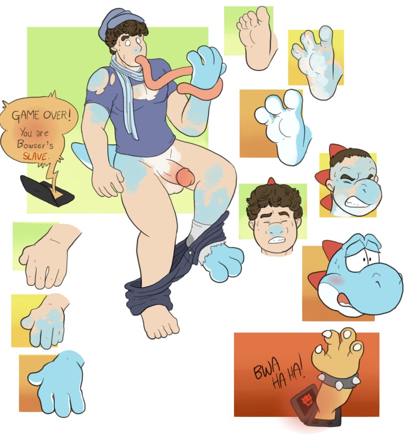 5_fingers 5_toes anthro balls blue_balls blue_body blue_skin bottomwear bowser clothing cyan_yoshi denim denim_bottomwear denim_clothing dialogue english_text feet fingers genitals growth hair_loss half-erect hat headgear headwear hi_res human human_to_anthro humanoid_genitalia humanoid_penis jeans koopa long_tongue male male_focus male_only mammal mario_(series) multiple_images nintendo nintendo_3ds nintendo_ds_family pants penis scalie scarf shirt snout snout_growth solo species_transformation speech_bubble text toes tongue topwear transformation yoshi