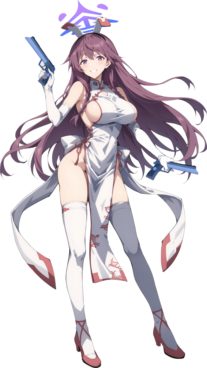 absurdres animal_ears blue_archive breasts china_dress chinese_clothes dress emmeria fake_animal_ears flying_nimbus gloves gun handgun highres large_breasts long_hair looking_at_viewer no_bra no_panties shinonono_tabane sideboob thighhighs thighs weapon