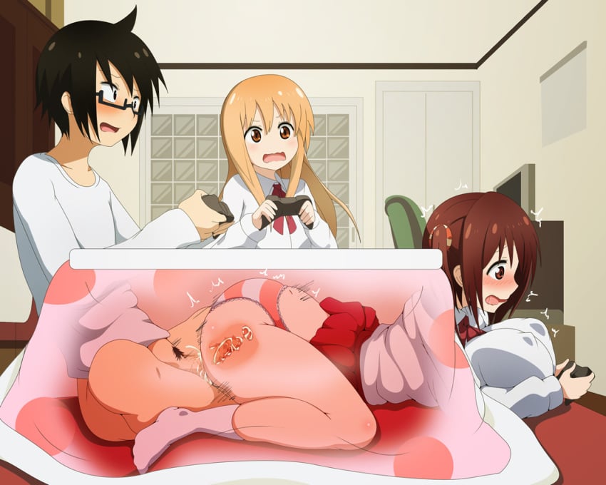 1boy 2girls ass black_hair blonde_hair blush bottomless breasts brother_and_sister brown_eyes brown_hair butterfly_sitting censored clothed_sex clothing controller covered_nipples cross_section cum cum_in_pussy cum_in_uterus cum_inside doma_taihei doma_umaru ebina_nana erect_nipples female from_behind glasses himouto!_umaru-chan human internal_cumshot kotatsu large_breasts long_hair lying male morokoshitaroh multiple_girls on_stomach open_mouth panties panties_aside penetration penis pillow playing_games profile red_skirt school_uniform semi-rimless_glasses sex sex_from_behind shimapan shirt short_hair siblings skirt skirt_lift spread_legs stealth_sex straight striped striped_panties table tied_hair twintails under-rim_glasses under_the_table underwear uterus vaginal_penetration wavy_mouth wide_eyed x-ray