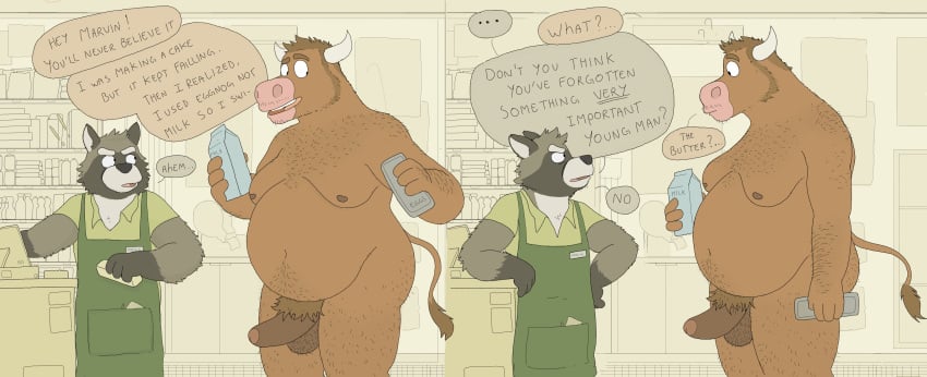 2025 absurd_res anthro apron balls belly big_belly brown_body clothing detailed_background dialogue duo english_text genitals grey_body hi_res jeffpat male mammal moobs nipples overweight overweight_male penis procyonid raccoon shirt text topwear