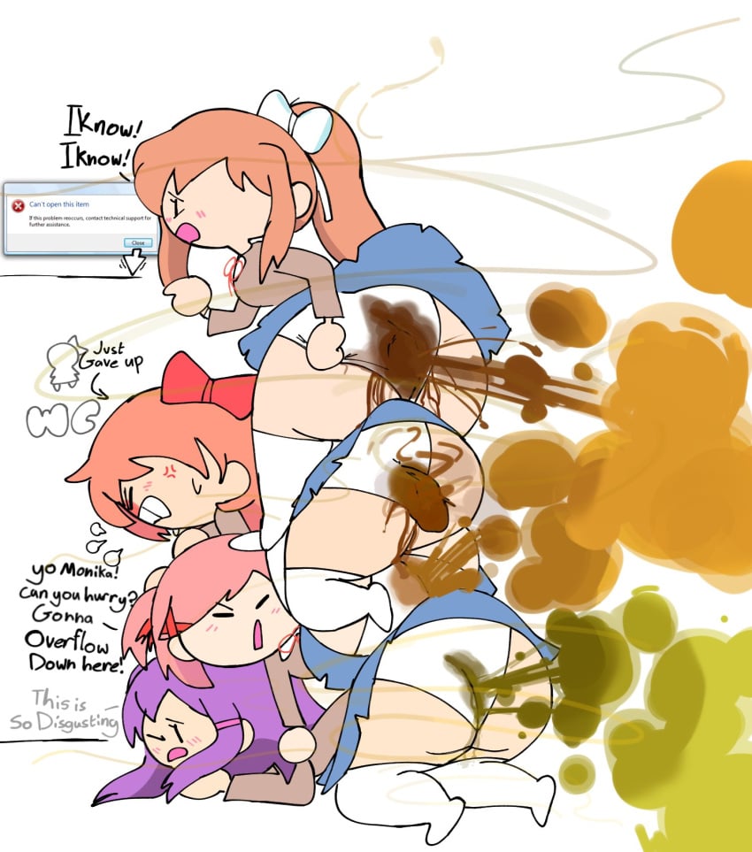 4girls anger_vein angry_face cloverbugz color doki_doki_literature_club fart fart_cloud fart_everywhere fart_fetish farting female_only green_fart green_fart_cloud monika_(doki_doki_literature_club) natsuki_(doki_doki_literature_club) ruined_clothes ruined_panties sayori_(doki_doki_literature_club) scat scat_desperation shart sharting shit_stain shit_stains shitting shitting_self simple_background soiled_panties soiling soiling_panties stink_fumes stink_lines stinky straining text text_bubble this_is_your_life_now trying_to_resist upskirt yuri_(doki_doki_literature_club)