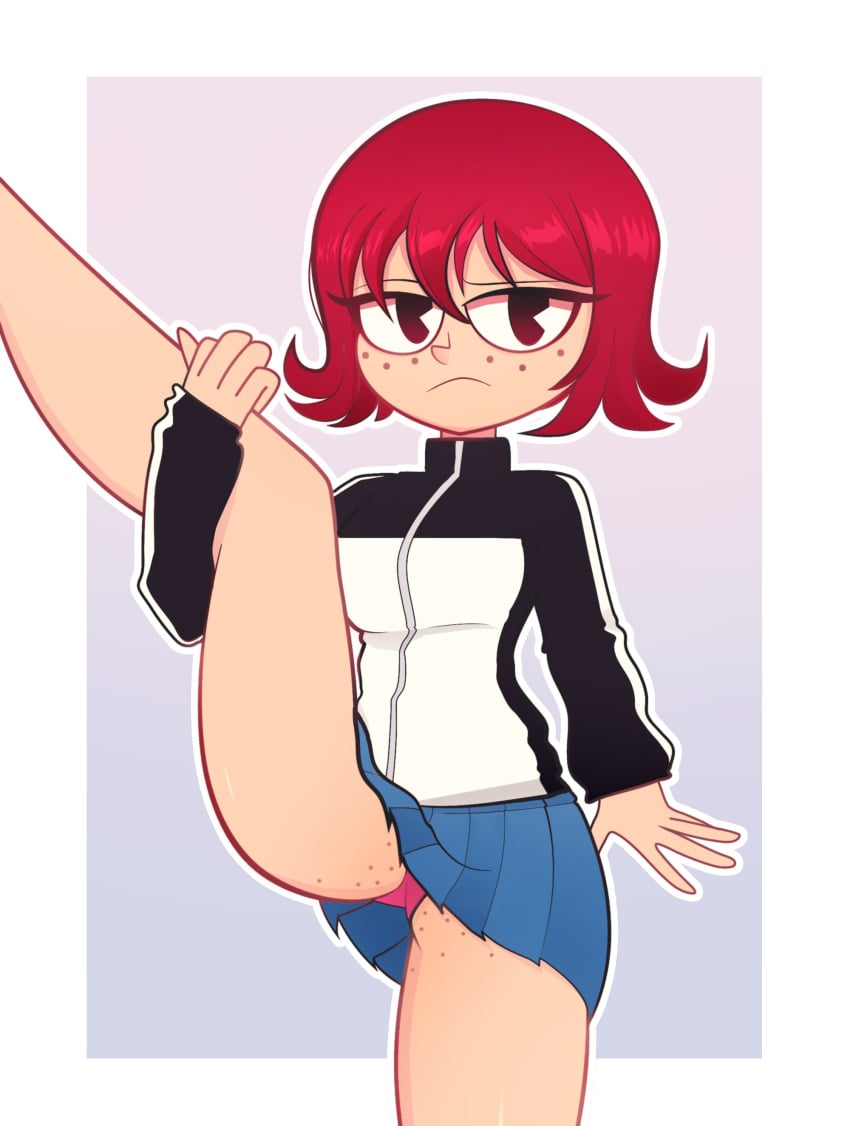 1girls arkeus clothed female freckles freckles_on_thighs kim_pine panties pink_panties red_eyes red_hair scott_pilgrim short_hair solo solo_female standing_on_one_leg