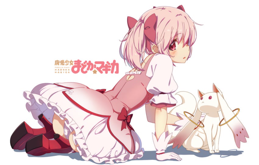 anime ass ass_focus ass_peek butt_focus buttcheeks hair_ribbon high_heels kyuubee madoka_kaname magic_user magical_girl magical_girl_outfit mahou_shoujo_madoka_magica mahou_shoujo_madoka_magica_(anime) panties pantyshot petite pink_eyes pink_hair puella_magi_madoka_magica red_ribbon ribbon ribbons sando_mangaka simple_background tagme twintails white_background