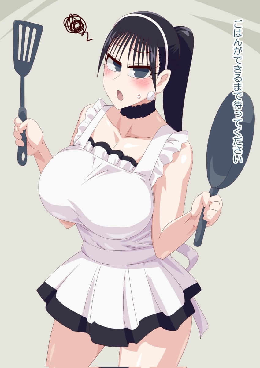 apron apron_only big_boobs big_breast big_breasts black_eyes black_hair black_hair_female blush blushing bowtie cooking_pot embarrassed kamen_rider kamen_rider_geats_(series) large_breast large_breasts otokam1117 pointy_chin spatula tsumuri_(kamen_rider_geats) white_apron