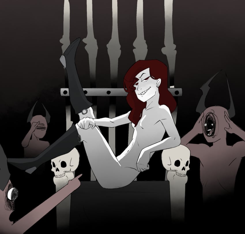 adres_(ghost) background background_characters boots boots_only breasts coup_d'etat digital_media_(artwork) evil_grin funny funny_face ghost_and_pals horns naked_boots naked_footwear no_gender no_genitals no_nipples nude pale pale-skinned_female pale_skin posing red_eyes red_hair sititng sketch skinny skinny_female skull smile white_skin