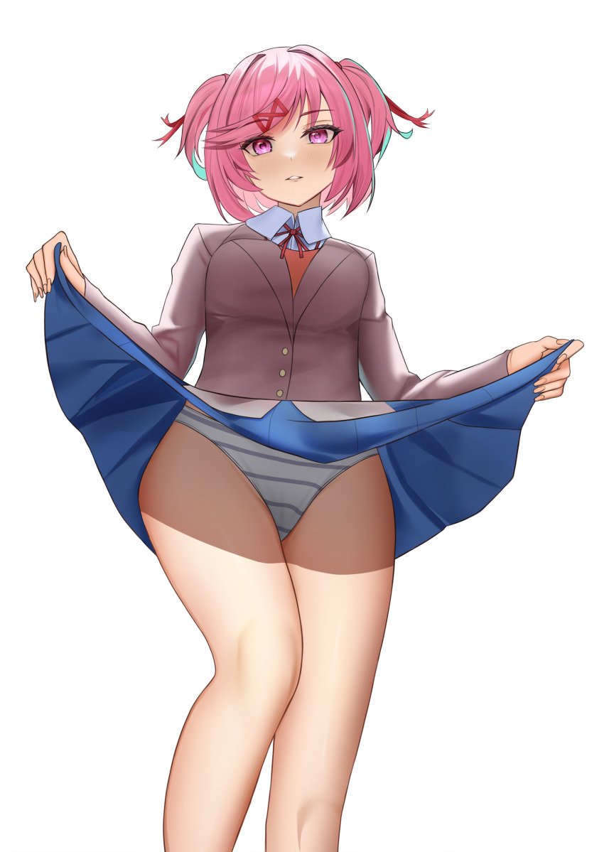 1female 1girls aris4rt blue_skirt breasts doki_doki_literature_club exposed_panties female_focus lifted_by_self lifting_own_skirt lifting_skirt natsuki_(doki_doki_literature_club) panties pink_eyes pink_hair self_exposure skirt skirt_lift skirt_lifted_by_self