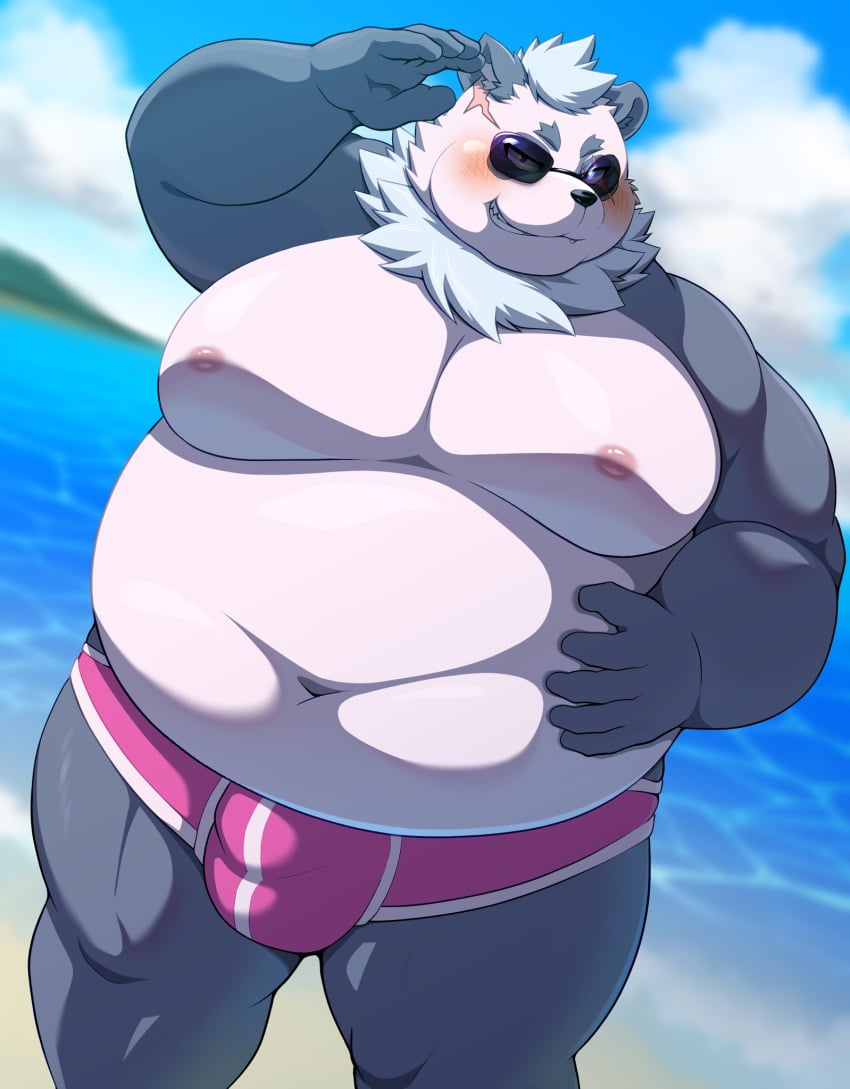 2024 anthro bear belly big_belly black_body black_nose blush bulge clothing cloud eyewear giant_panda hi_res hisashiyo_0705 kemono male mammal moobs navel nipples outside overweight overweight_male scar smile solo sunglasses swimwear water white_body