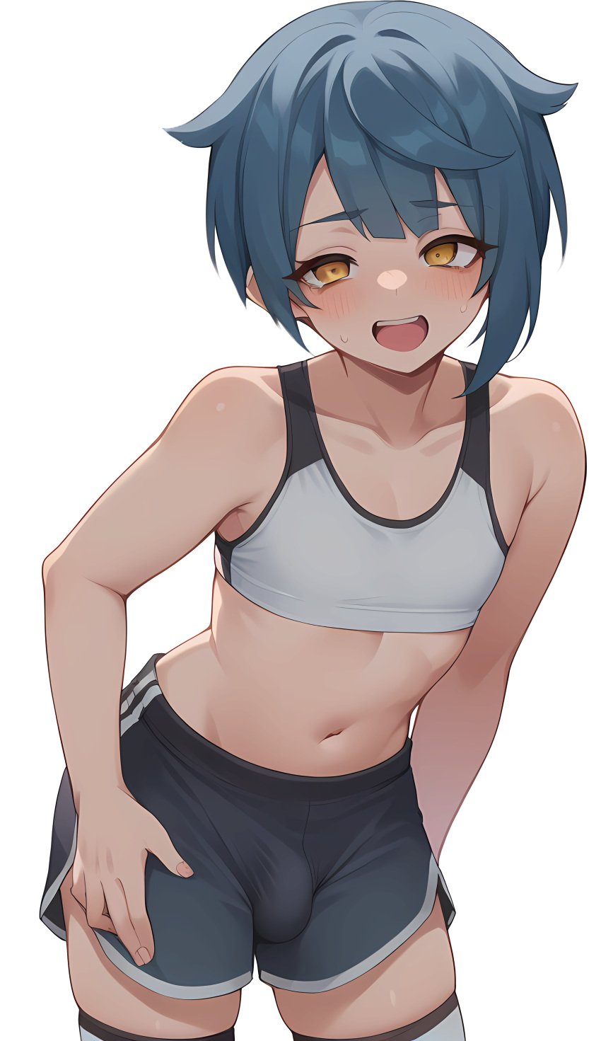 1boy ai_generated bangs bare_midriff bare_shoulders blue_hair blue_shorts blush blushing_at_viewer blushing_male bulge bulge_through_clothing dolphin_shorts drunk femboy genshin_impact holding_shorts horny horny_male leaning_forward lewdnessgod lifting_clothing looking_at_viewer seductive_gaze seductive_look seductive_smile self_upload short_hair skinny sports_bra sports_shorts sports_uniform sportswear standing thick_thighs thighhighs transparent_background trap twink xingqiu_(genshin_impact) yellow_eyes