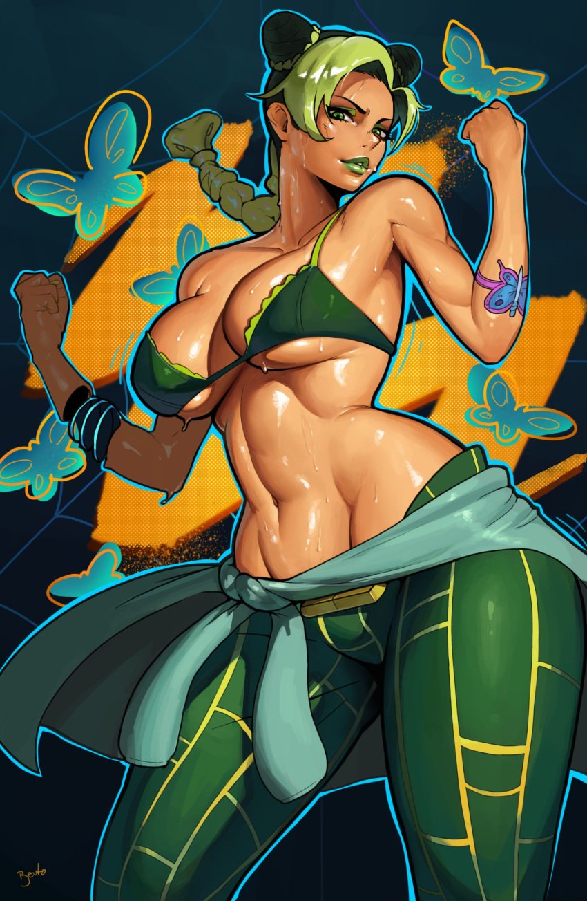 1girls abs beuto big_breasts bra clothed female female_only human jojo's_bizarre_adventure jolyne_kujo lipstick muscular_female partially_clothed solo stone_ocean sweat sweatdrop sweating sweaty sweaty_body tattoo