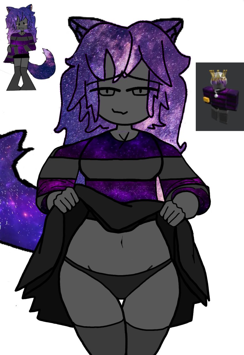 1girl 1girls anthro black_panties female flashing furry galaxy/astra galaxy999_(gerfloverse) galaxy_clothes galaxy_hair gerfloverse_(wattpad) gray_skin looking_at_viewer reference_image roblox robloxian rpgslayer999 self_insert self_upload skirt skirt_lift solo suggestive_look tagme tail traced_art underwear